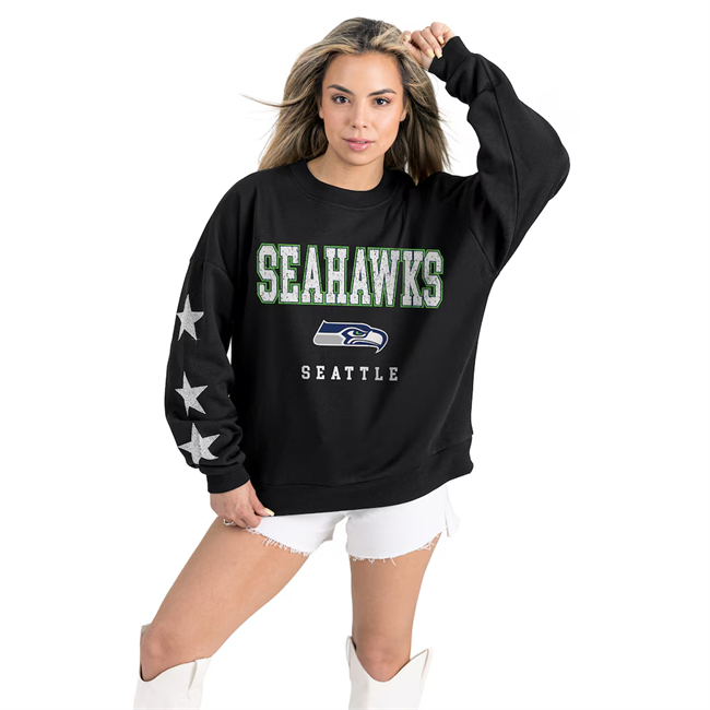 Women's Seattle Seahawks Gameday Couture Black Velocity Relaxed Rhinestone Pullover Sweatshirt(Run Small)